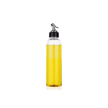 Clear oil dispenser with a 1-liter capacity, featuring a drip-free spout and secure lid.