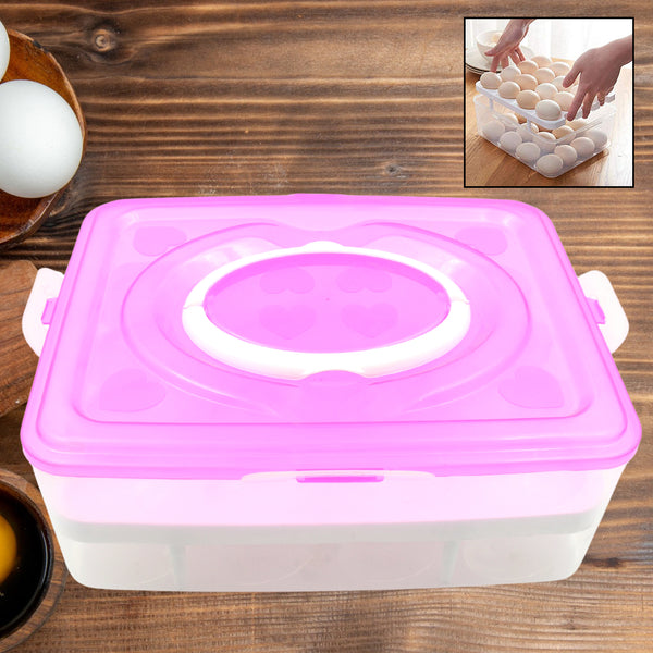 2 layer 32 Grid Egg Tray With Lid Egg Carrier Holder For Refrigerator Camping Food Storage Container With Handle (1 Pc )