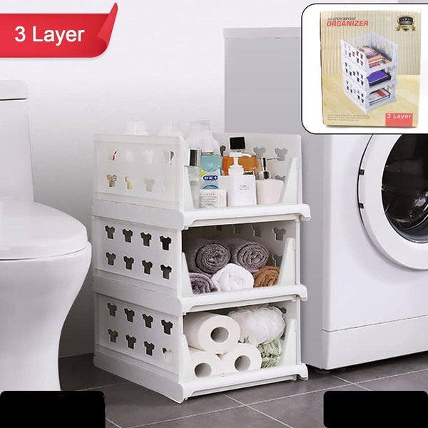 3 Layer Stackable Multifunctional Storage for Clothes Foldable Drawer Shelf Basket Utility Cart Rack Storage Organizer Cart For Kitchen Pantry Closet Bedroom Bathroom Laundry(3 Layer 1 Pc)