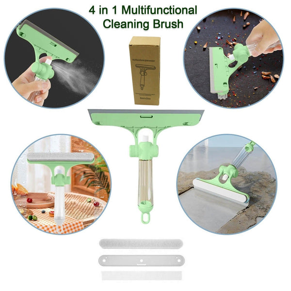 4 In 1 Multifunctional Glass Scraper Window Glass Wiper With Watering Can Silicon Cleaning Squeegee With Two Brush Heads Practical Squeegee For Shower Doors Windows Tiles And Car Glass