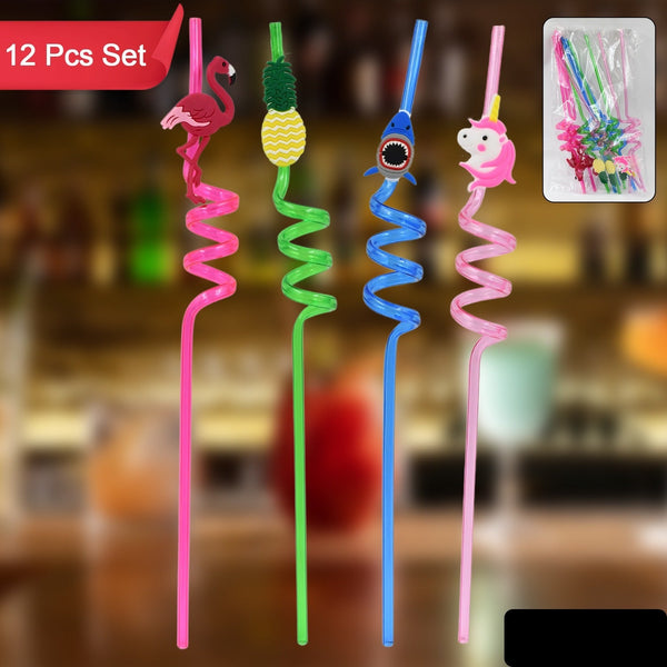 Childrens Plastic Straws Reusable Plastic Straws (12 Pcs Set  Mix Design)