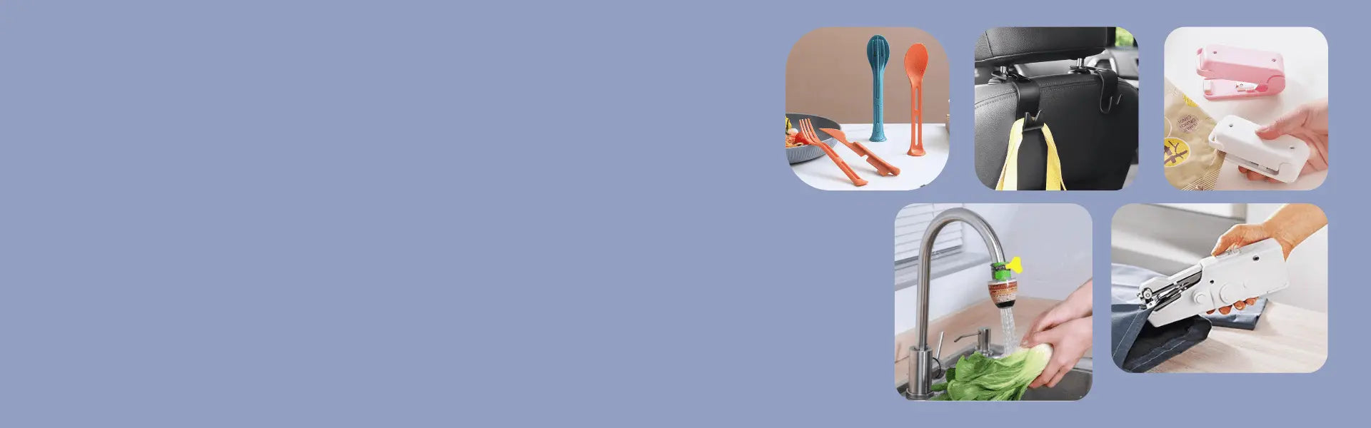 A collage of innovative things and multipurpose products on a blue background