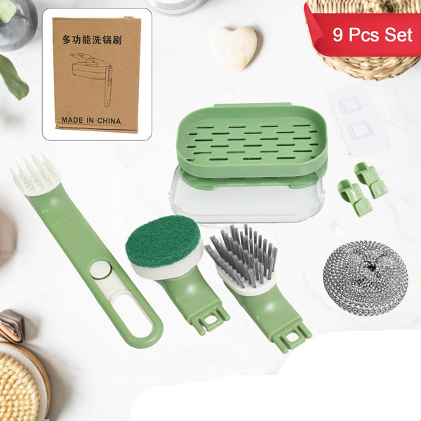 Dish Brush Set With Handle Replacement Heads Drain Tray In Kitchen (9 Pcs Set)