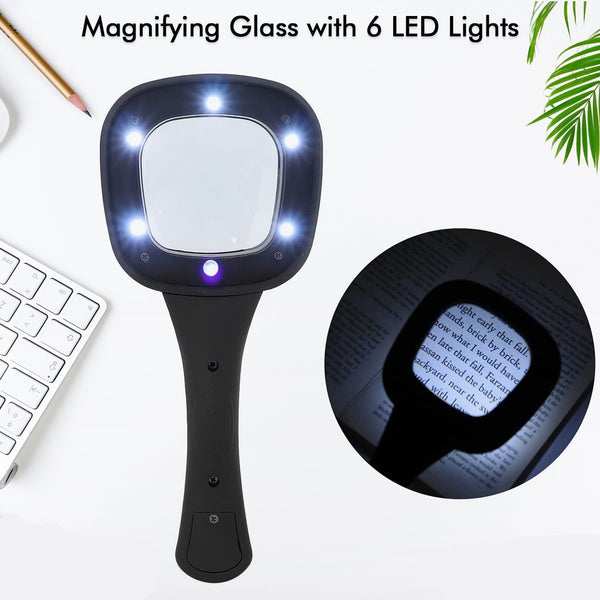 Handheld Magnifying Glass 6 Led Illuminated Lighted Magnifier For Seniors Reading Soldering Inspection Coins Jewelry Exploring