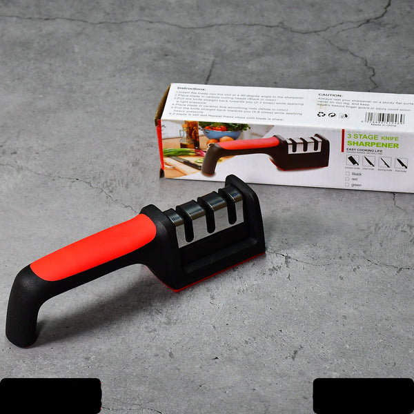 Manual Red Knife Sharpener 3 Stage Sharpening Tool For Ceramic Knife And Steel Knives.