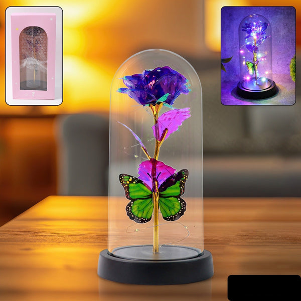 Led Preserved Rose With Colorful Butterfly In Plastic Dome (1 Pc  Mix Color)