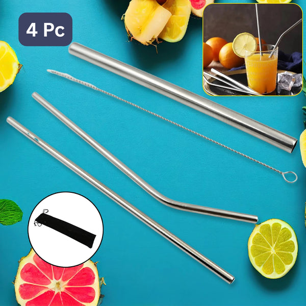 Reusable Stainless Steel Straws With Travel Case Cleaning Brush Eco Friendly Extra Long Metal Straws Drinking Set Of 4 (2 Straight Straws 1 Bent Straws 1 Brush)