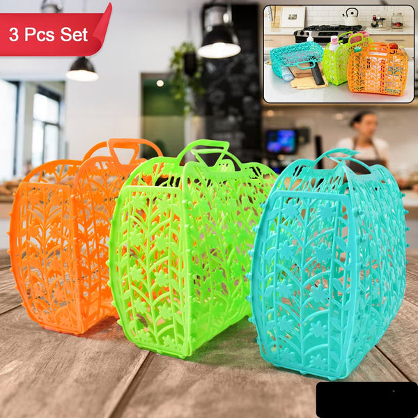 Plastic Foldable Basket Bag  Fruit  Vegetable Storage Basket (3 Pcs Set  Multicolor)