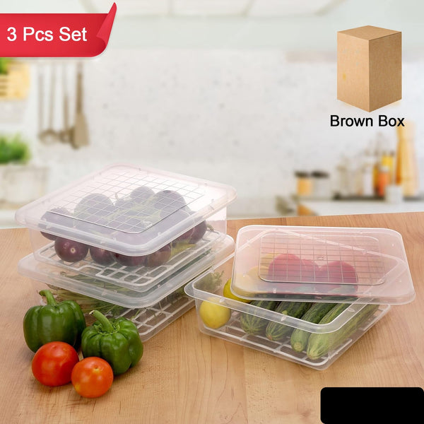 Plastic Food Storage Containers With Removable Drain Tray And Lid (3 Pcs Set)