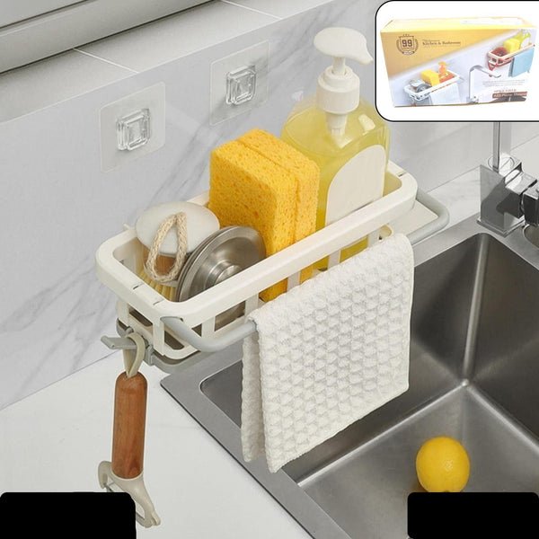 Multipurpose Platic Hanging Drain Rack Retractable Sponge Storage Hanging Rack With Adhesive Hook For Kitchen And Bathroom Dishcloth Holders Basket Drying Tray Organizer