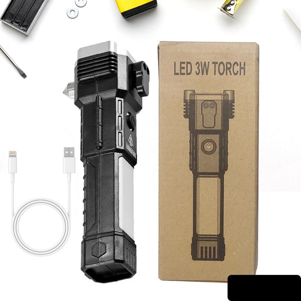 Portable 3w Rechargeable Torch Led Flashlight Long Distance Beam Range Hammer And Strong Magnets Window Glass And Seat Belt Cutter 4 Modes For Car Camping Hiking Indoor Outdoor