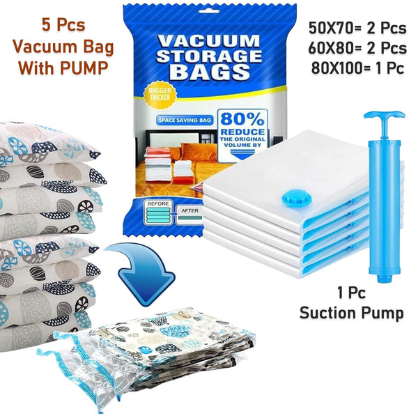 Vacuum Storage Bags With Suction Pump  Shirt Clips - Vacuum Bags - Big Capacity Vacuum Seal Bags For Travel Clothes Blankets Pillows Compression Bags  Space Saver Vacuum Storage Bags (5 Pcs Set)