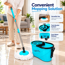 WIDE PICKS Dual Drive Spin Mop with 4 Easy Wheels & Puller Handle Twin Bucket Set | Elite Plastic Wringer | 360° Rotating Mop, Adjustable Handle | 2 Microfiber Refills | Pocha | Turquoise & Black