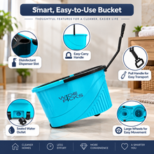 WIDE PICKS Dual Drive Spin Mop with 4 Easy Wheels & Puller Handle Twin Bucket Set | Elite Plastic Wringer | 360° Rotating Mop, Adjustable Handle | 2 Microfiber Refills | Pocha | Turquoise & Black