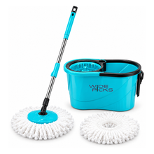 WIDE PICKS Dual Drive Spin Mop with 4 Easy Wheels & Puller Handle Twin Bucket Set | Elite Plastic Wringer | 360° Rotating Mop, Adjustable Handle | 2 Microfiber Refills | Pocha | Turquoise & Black
