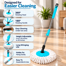 WIDE PICKS Dual Drive Spin Mop with 4 Easy Wheels & Puller Handle Twin Bucket Set | Elite Plastic Wringer | 360° Rotating Mop, Adjustable Handle | 2 Microfiber Refills | Pocha | Turquoise & Black