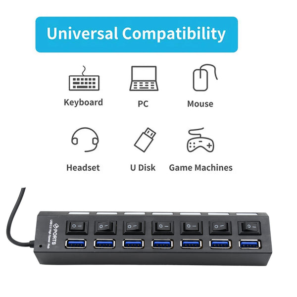Usb Splitter Multi Port Usb 2.0 Hub 7 Port With Independent On/ off Switch And Led Indicators Usb A Port Data Hub Suitable For Pc Computer Keyboard Laptop Mobile Hdd Flash Drive Camera Etc