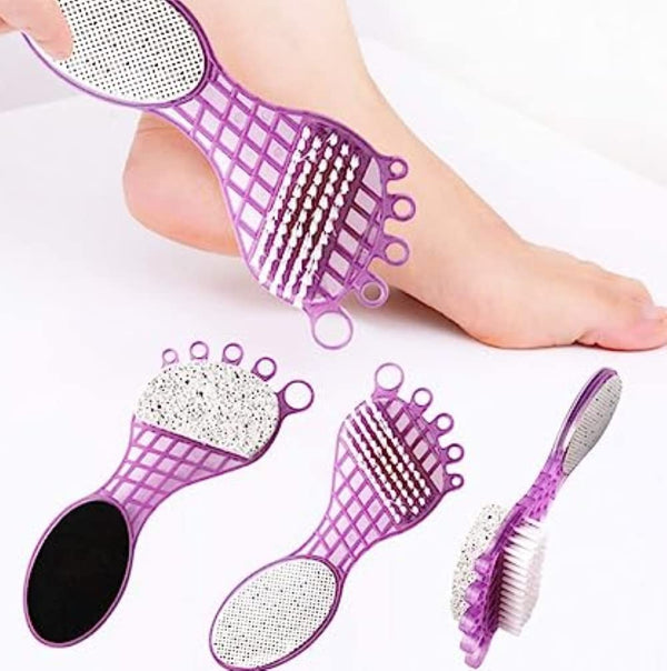 4 In 1 Pedicure Tool For Rough Dry Feet Dual-sided With Pumice Stone Soft Brush Steel Scrubber Emery File Softens Hard Foot Corns Calluses Cleanses Smoothens Dull Feet